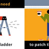 Illustration split in two: Left side shows a stepladder with “We’ll need a stepladder”; right side shows someone patching a ceiling with “to patch the ceiling.” From Let's Fix Up the House by Schiffer Publishing, Ltd.—a fun board book for kids about home renovation and vocabulary.