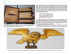 Photograph features two museum items: an ancient scroll in a wooden case and a Bellamy style eagle (as seen in "How to Carve Bellamy Eagles" by Schiffer Publishing, Ltd.), both on white backgrounds with descriptive labels.