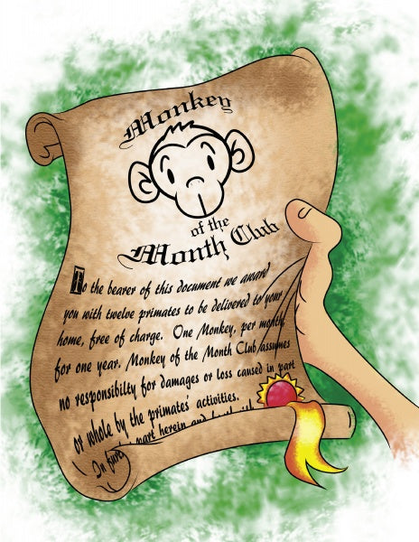 A hand holds a "Monkey of the Month" scroll by Schiffer Publishing, Ltd., featuring a cartoon monkey and yellow seal—an ideal birthday gift—against a textured green background.