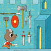 On "Dragon's Castle" by Schiffer Publishing, Ltd., a cartoon bear knight with a sword walks by a castle wall of weapons. Inspired by an adventure children's book, the text says: The knight has a sword.