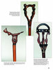 A page from "Sculpting Cane Handles" by Schiffer Publishing, Ltd. displays three ornate wood handles: a curved dark top handle with ring collar, a female nude on the bottom left, and a decorative metal-accented handle on the right.