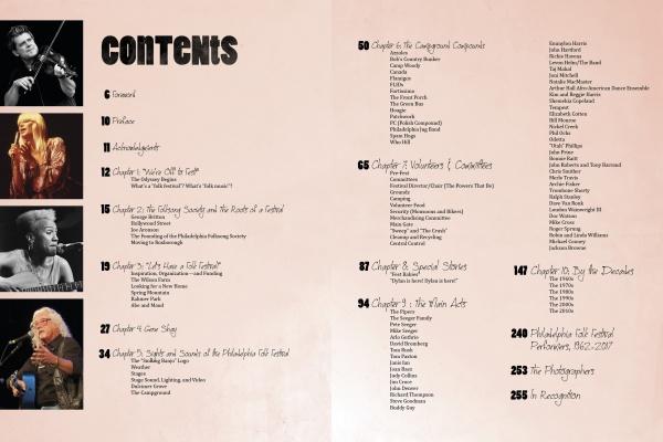 Table of contents from Smiling Banjo by Schiffer Publishing, Ltd., featuring photos of four musicians and chapters on jazz, guitar, and the Philadelphia Folk Festival’s musical heritage, with page numbers listed.
