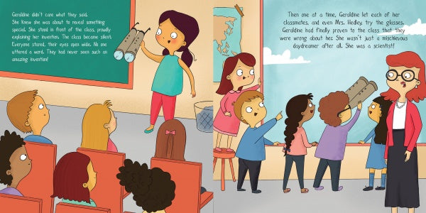 In a colorful classroom scene from "Geraldine and the Most Spectacular Science Project" by Schiffer Publishing, Ltd., a young inventor presents her device as excited classmates line up to try it, while others and a teacher watch with interest.