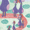 Colorful drawing of smiling, purple, dinosaur-like creatures from "Don't Be a Schwoe" by Schiffer Publishing, Ltd., wearing striped socks and walking along a red path, enjoying healthy habits in a grassy field with green bushes.