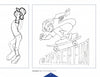 Two black-and-white drawings from Schiffer Publishing's "Caricatures in Motion": left, a person in a cap and shorts covers their face; right, joyful skateboarders over "SUMMER FUN"—perfect wood carving pattern inspiration.