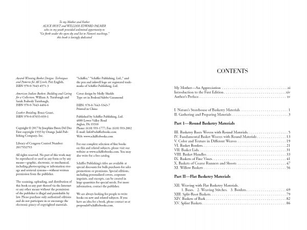 In Schiffer Publishing, Ltd.'s "Earth Basketry, 2nd Edition," a book spread features acknowledgments to Osma Tod and contributors on the left, and a table of contents on the right with sections on natural materials and techniques.