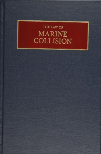 The Law of Marine Collision by Schiffer Publishing, Ltd. is a blue hardcover book with white text on a red label, offering key guidance on COLREGS and marine collision law.