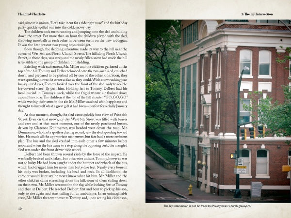 A two-page spread from "Haunted Charlotte" by Schiffer Publishing, Ltd.: the left page features text, while the right shows a red-brick building on a tree-lined corner with a caption about haunted Charlotte below the photo.