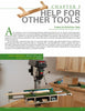 A magazine page from "Home Workshop Jigs and Fixtures" by Schiffer Publishing, Ltd. showcases a wooden drill-press table in a cabinet-lined workshop, detailing how to build this essential fixture with listed dimensions.