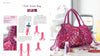 A step-by-step tutorial from Schiffer Publishing, Ltd.'s "Macrame Fashion Accessories & Jewelry" shows how to make a pink and purple handwoven Tutti Frutti bag, with knot illustrations on the left and a finished bag with cosmetics on the right.