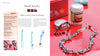 A spread from "Macrame Fashion Accessories & Jewelry" by Schiffer Publishing, Ltd. details DIY necklace steps on the left, with a finished beaded necklace, tin box, coins, and container as chic accessories displayed to the right on a red surface.