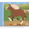 In "Think Farm Animals" by Schiffer Publishing, Ltd., toddlers and preschoolers explore a board book page featuring a brown horse with a white mane and spots galloping in a green field, prompting kids to guess: “Horse.”.