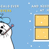A sick cartoon harp seal with an ice pack and thermometer gazes out at snow on the cover of "Do Penguins Have Pediatricians?" from Schiffer Publishing, Ltd., asking if harp seals ever get fevers and stay home like other polar animals.