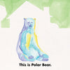 A watercolor illustration of Bipolar Bear in blue, yellow, and purple tones with green trees and houses in the background. Ideal for children's stories or mental health books. Text at bottom: "This is Polar Bear." By Schiffer Publishing, Ltd.