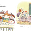A group of children crowds around a classmate during a test. To the right, a quirky teacher—like one from "All the Things a Teacher Will Never Say" by Schiffer Publishing, Ltd.—covers a tired student as others watch by the chalkboard with a triangle diagram.