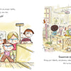 In All the Things a Teacher Will Never Say by Schiffer Publishing, Ltd., kids in homemade armor face a wild classroom with paper fights and eraser battles, while a pajama day notice lists what to bring—no books allowed!.