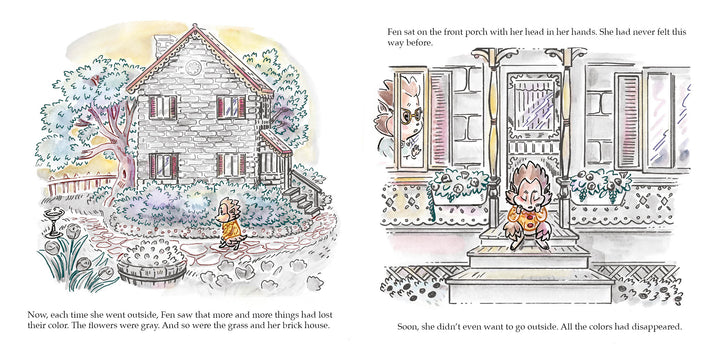 A girl stands in a gray garden by a muted brick house, then sits sadly on a porch, her head down—reflecting childhood depression—in "Fen's Drop of Gray" by Schiffer Publishing, Ltd. The background and house remain colorless throughout.