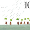 A cartoon rat drives a red-trimmed bus, exclaiming “Oh, no!” as 10 fingerprint-art fleas hold leaves to shelter from rain. Large text reads “10 fleas waiting in the rain.” From Schiffer Publishing, Ltd.: "1, 2, 3, Lili's Counting.