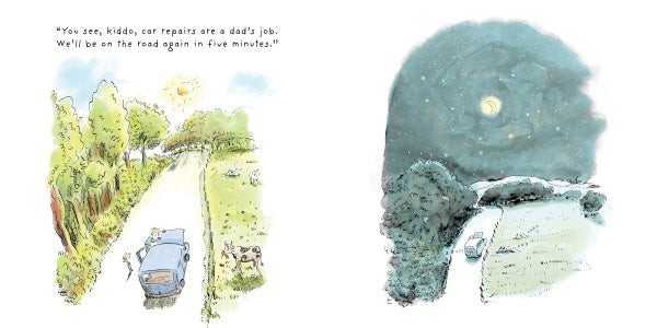 A parent and child fix a car by a country road with their dog—capturing the humor of "All the Things Dad Will Always Say" from Schiffer Publishing, Ltd.—then park under a starry sky along that same road.