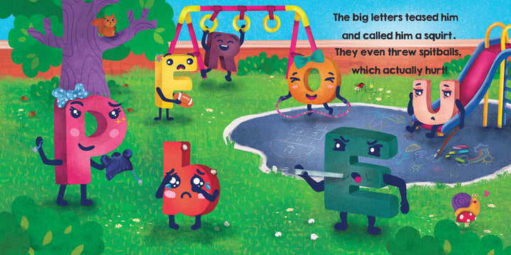 In "Big P Takes a Fall (and That’s Not All)" by Schiffer Publishing, Ltd., lively cartoon letters with faces and limbs play in a park, as large letters tease a small letter e near a seesaw for an engaging rhyming alphabet book adventure.