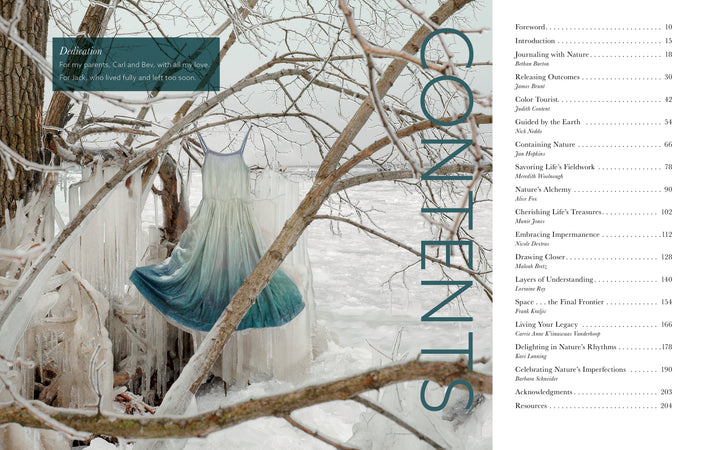 A sleeveless, blue-green dress hangs from a tree by a frozen lake, evoking wintry inspiration—the cover of "Create Naturally" by Schiffer Publishing, Ltd., with a table of contents overlaid on the creative scene.