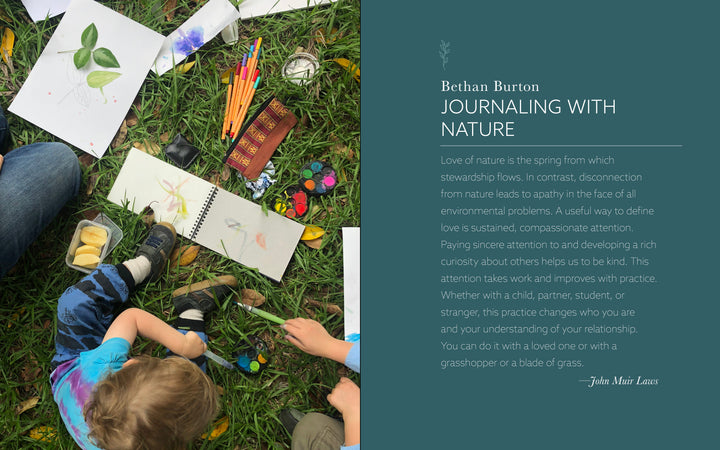 Children and an adult sketch leaves and flowers outdoors, surrounded by art supplies. Text highlights "Create Naturally" from Schiffer Publishing, Ltd., featuring nature journaling with Bethan Burton to inspire creativity.