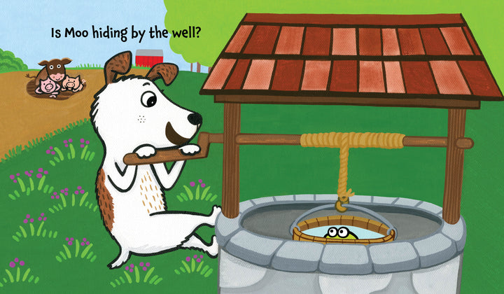 In Peek-A-Moo! by Schiffer Publishing, Ltd., a cartoon dog peers into a stone well while a cow and two calves watch. Kids can interact and guess, "Is Moo hiding by the well?" as eyes peek from inside in this farm-themed board book.
