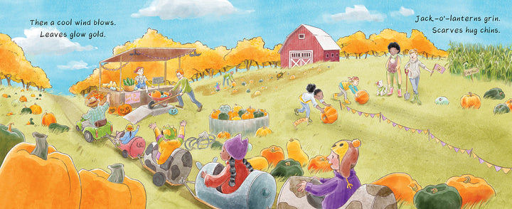 Families enjoy picking strawberries like at a farmers market, with kids in spring outfits at a vibrant patch surrounded by strawberry fields. In the background, a barn stands near blossoming trees. Product: Spring Is for Strawberries by Schiffer Publishing, Ltd.
