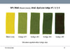 Five fabric swatches from Schiffer Publishing, Ltd.’s The Studio Formulas Set for The Art and Science of Natural Dyes show results of 50% weld dye over indigo, ranging from yellow (weld only) to green tones. Each swatch is labeled below for reference.