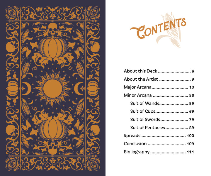 The Legend of Sleepy Hollow Tarot by Schiffer Publishing, Ltd. features an ornate card back with gold pumpkins, skulls, and suns on a dark background beside a table of contents page, inviting you to explore literary-inspired self-discovery.