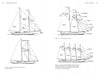 A diagram from Auxiliary Sail Vessel Operations, 2nd Edition by Schiffer Publishing, Ltd. shows four types of sailing ships labeled with parts like mainsail, jib, and boom—perfect for yacht management or sailing vessel operations enthusiasts.